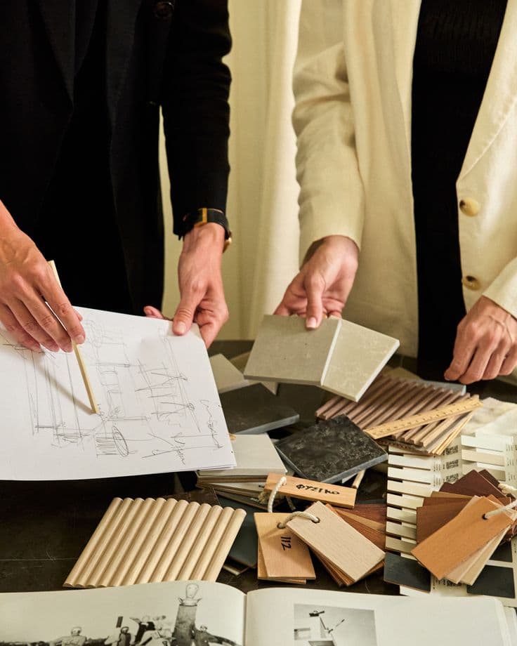 A millwork team reviewing finishes, samples and a design sketch