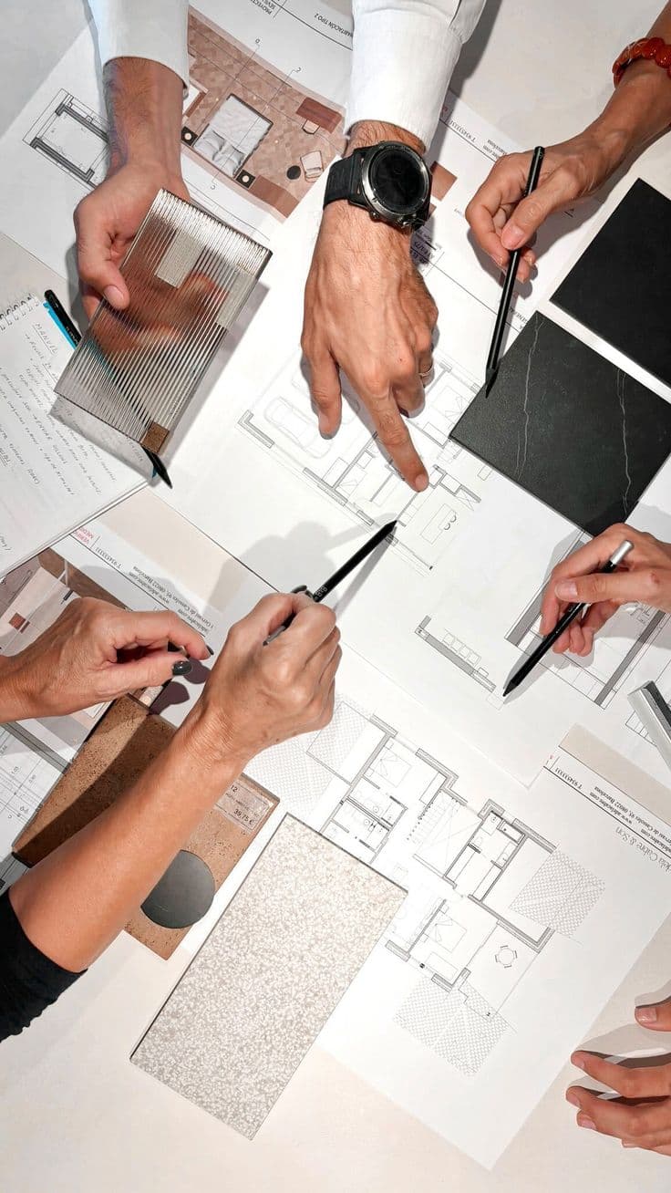 A drawing set and material samples spread across a millwork table